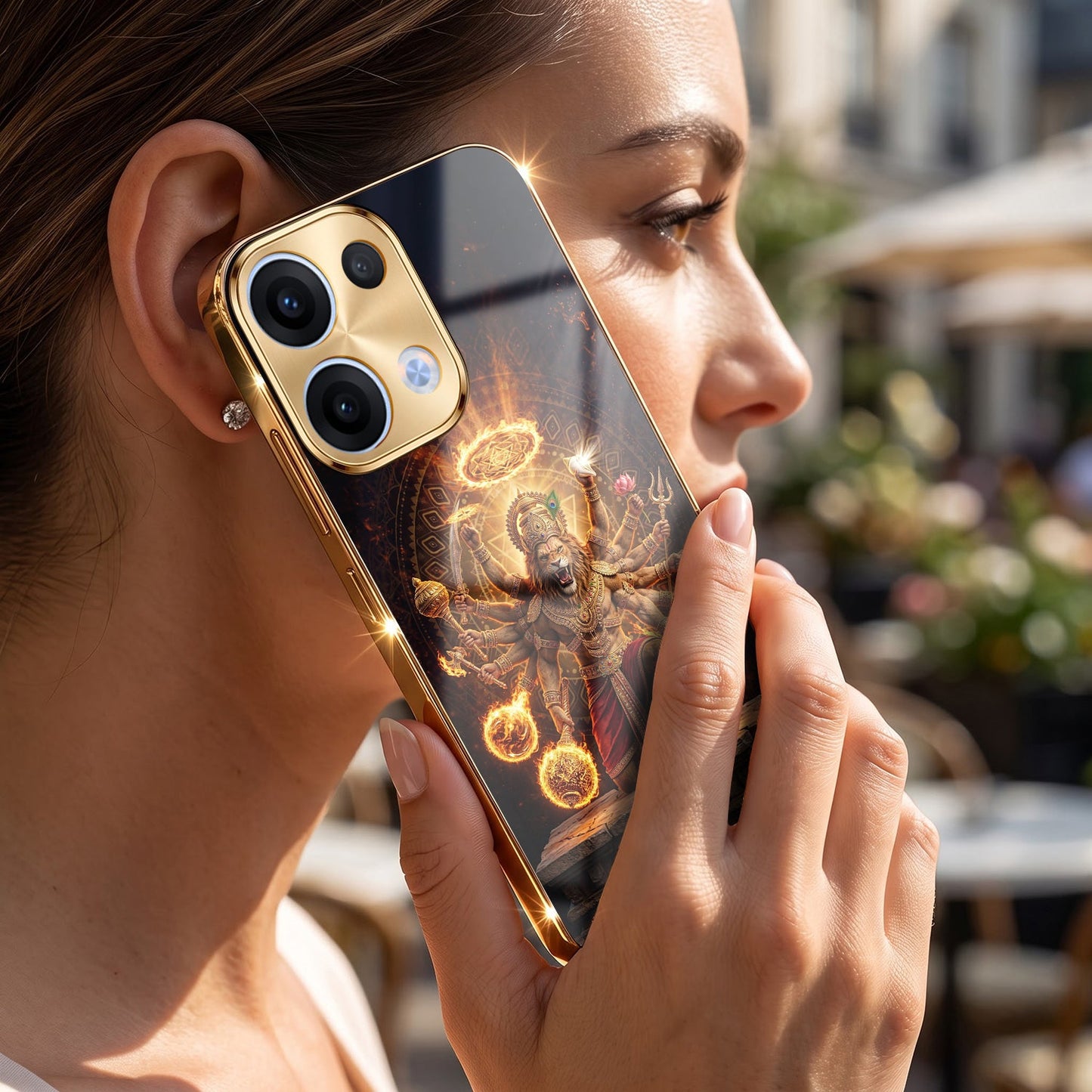 Oppo Reno 13 5G Lord Narasimha Gold Electroplated Glass Phone Back Case