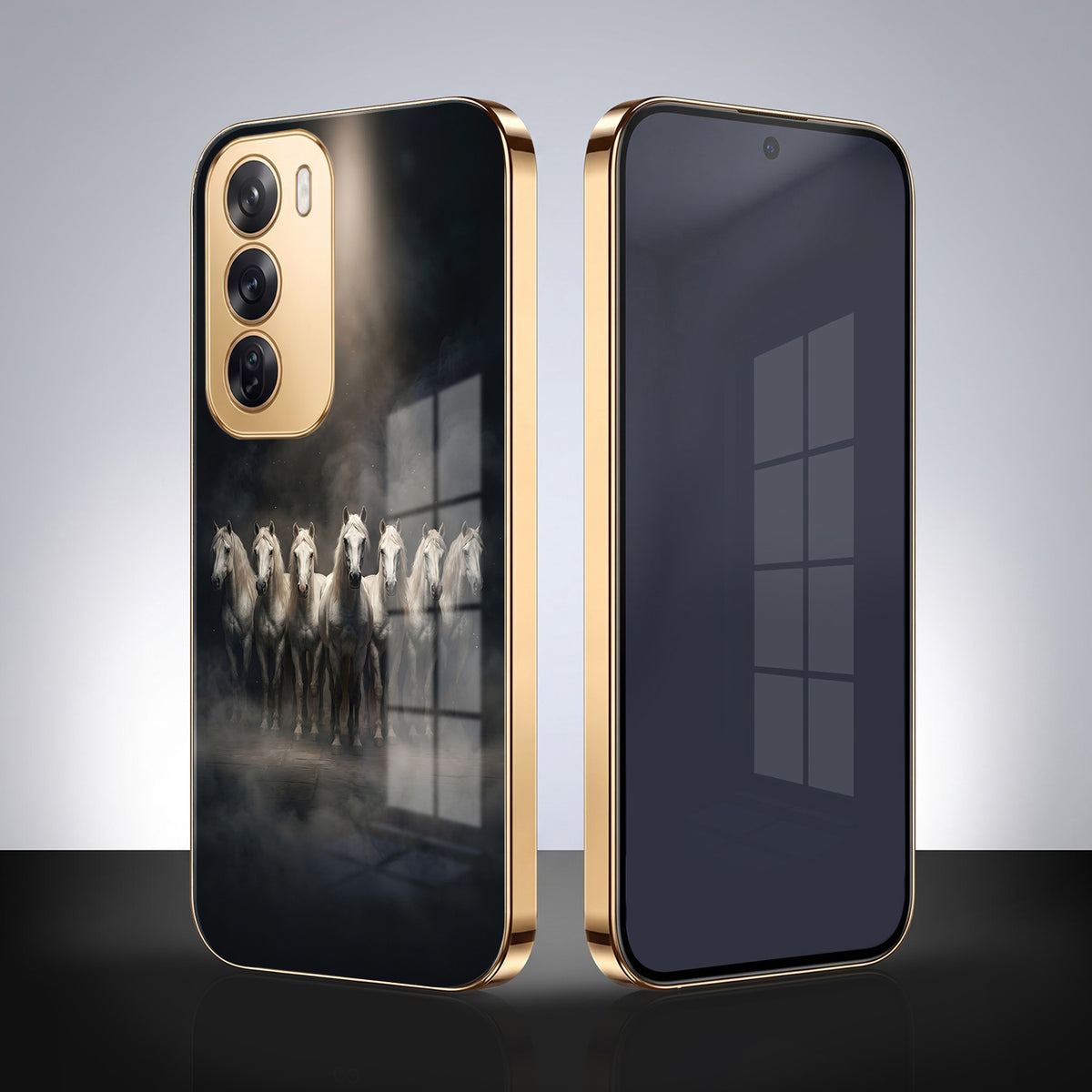 Oppo Reno 12 Pro 5G Running Horses Gold Electroplated Glass Phone Back Case