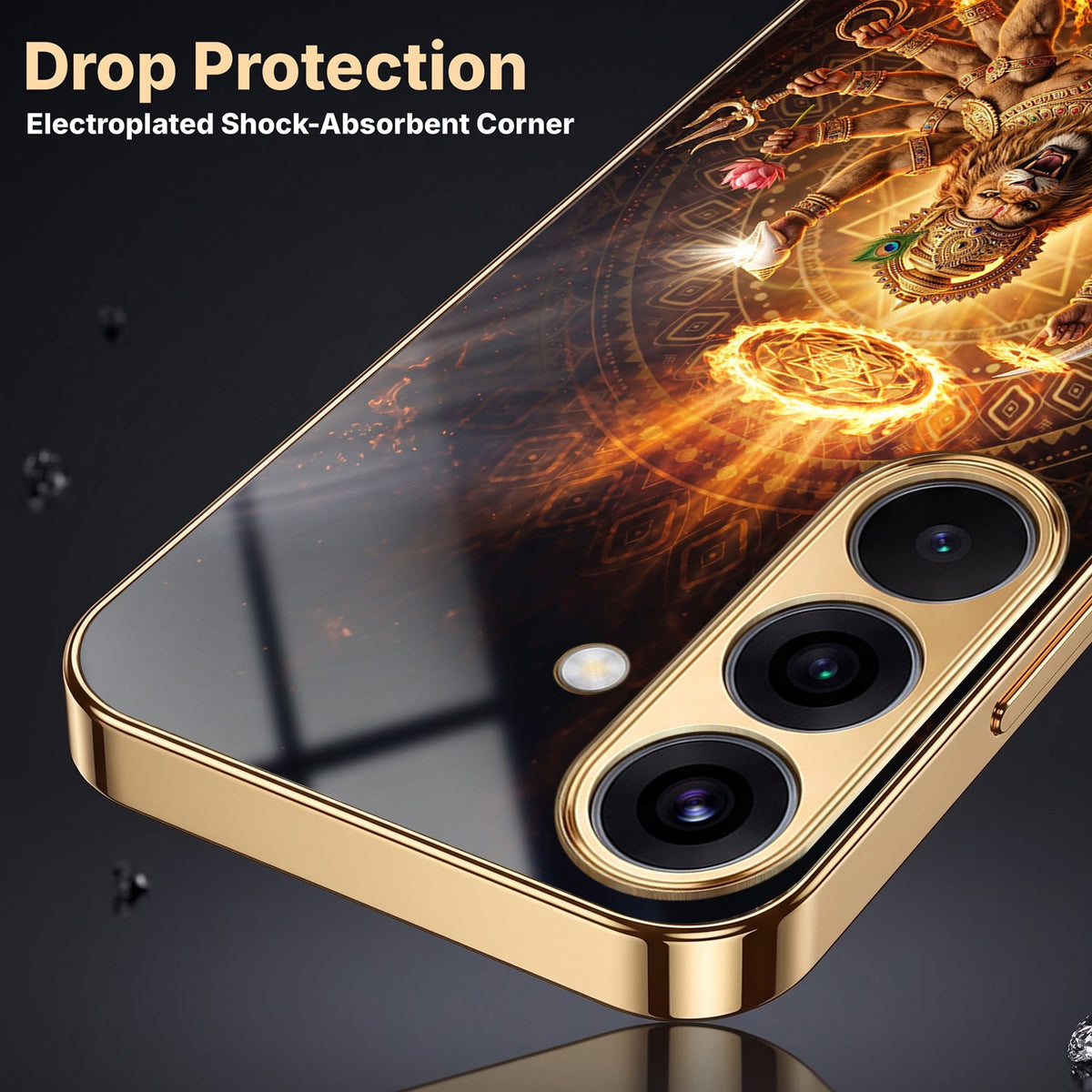 Samsung Galaxy A56 5G Lord Narasimha Gold Electroplated Glass Phone Back Case