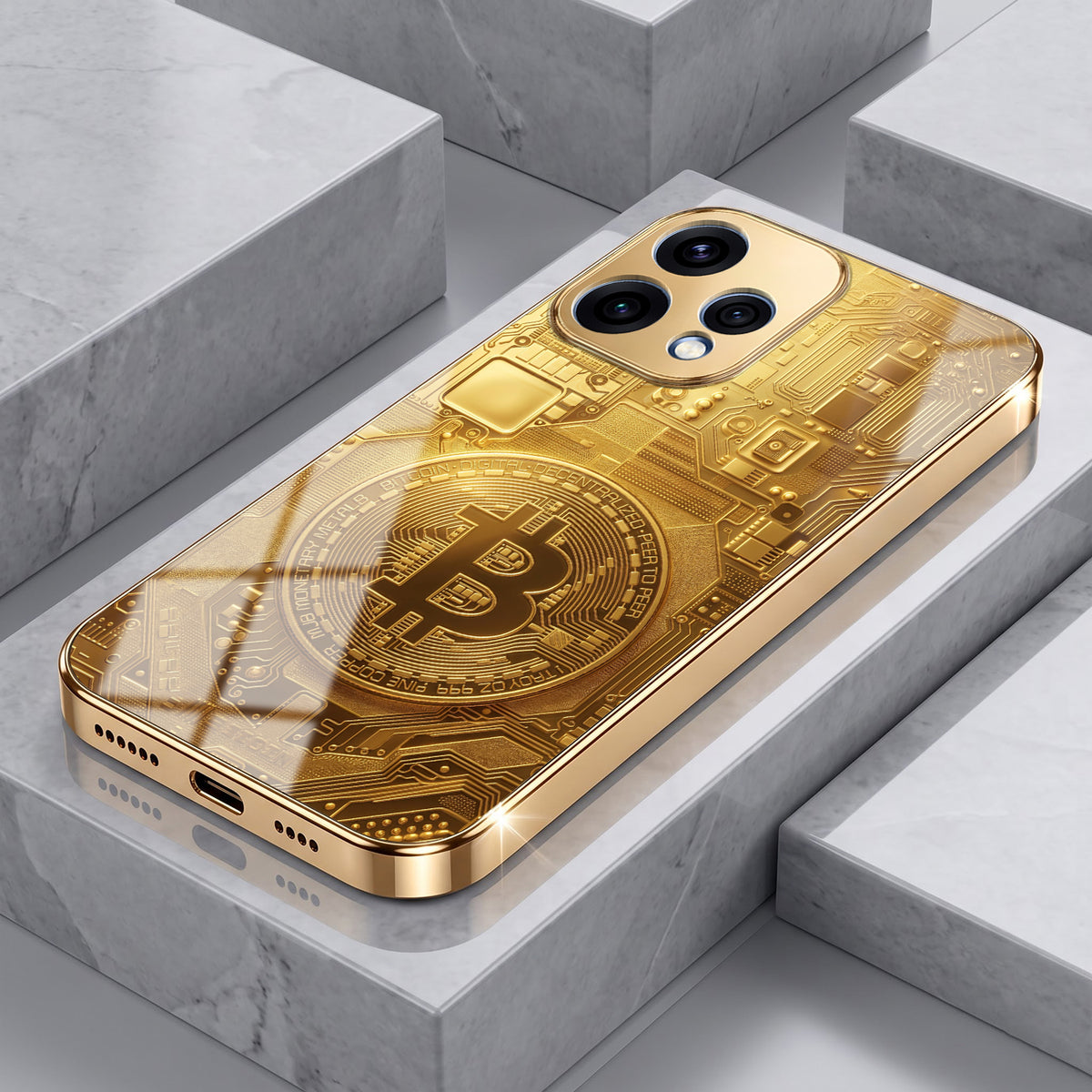 Oppo Reno 15 5G Bitcoin Gold Electroplated Glass Phone Back Case