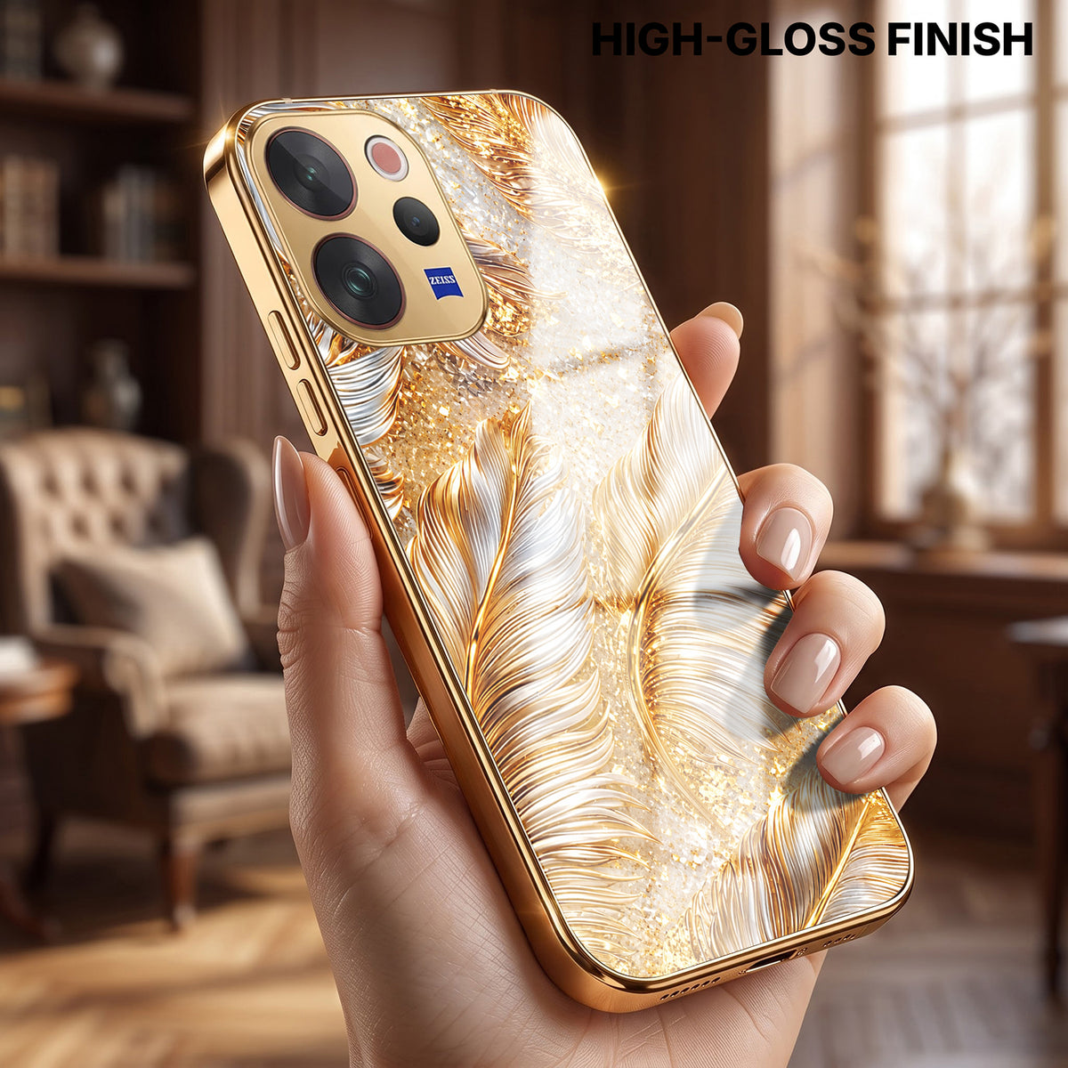 Vivo V70 5G Golden Feather Marble Gold Electroplated Glass Phone Back Case