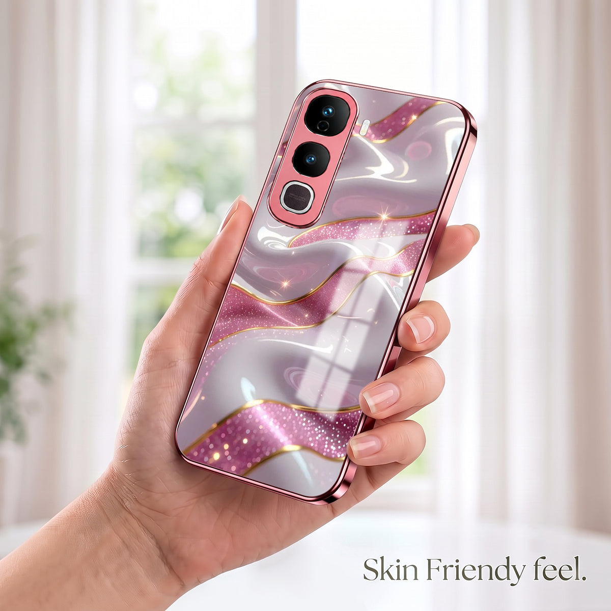 Vivo Y400 Pro 5G Pearl Marble Pink Electroplated Glass Phone Back Case