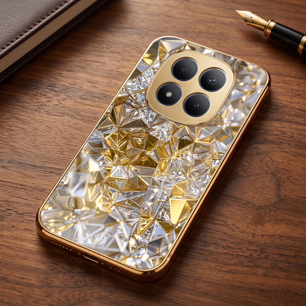 Redmi Note 15 Pro+ 5G White Diamond Shatter Gold Electroplated Glass Phone Back Case