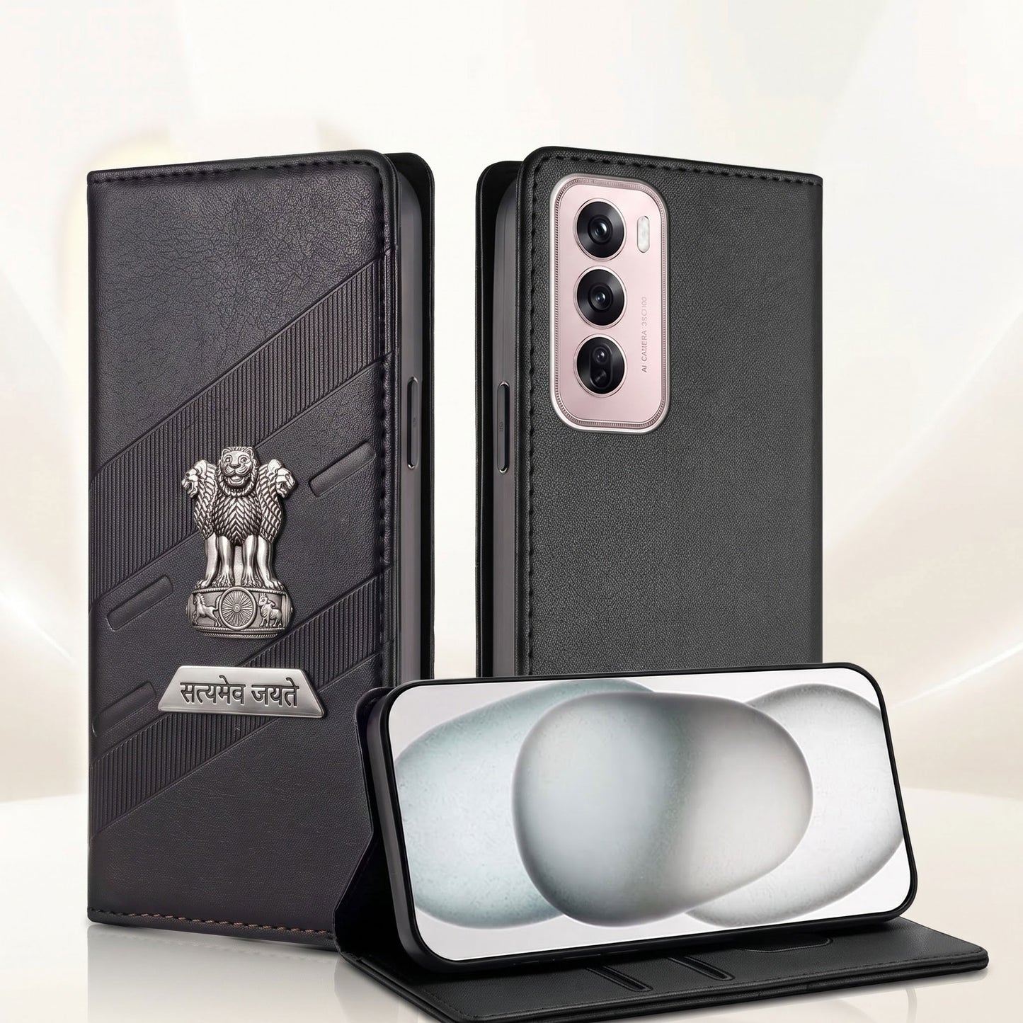 Oppo Reno 12 Pro 5G Metal Satyamev Jayate 2-in-1 Emblem Magnetic Flip Wallet Case