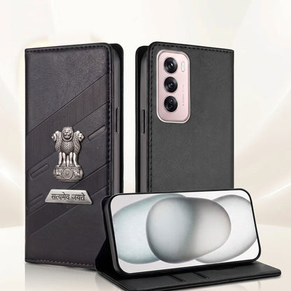 Oppo Reno 12 Pro 5G Metal Satyamev Jayate 2-in-1 Emblem Magnetic Flip Wallet Case