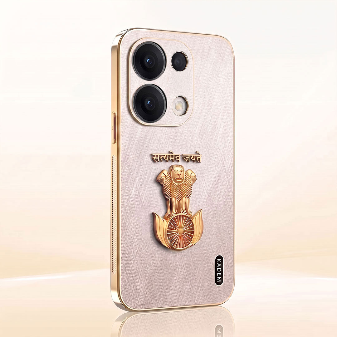 Oppo Reno 13 Satyamev Jayate 3D Electroplated Frame Gold Thread Pattern Hard Back Case