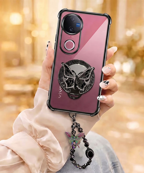 Vivo V50 5G Transparent Airbag Butterfly Stand Case with Charm Strap