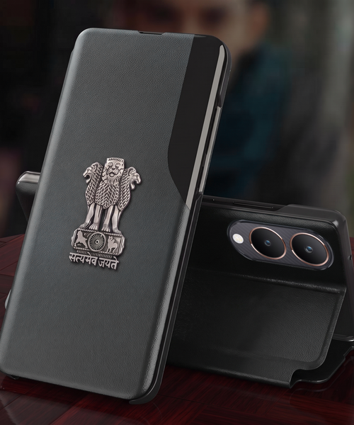 Vivo Y28 5G Metal Emblem Satyamev Jayate Half Window Leather Flip Case