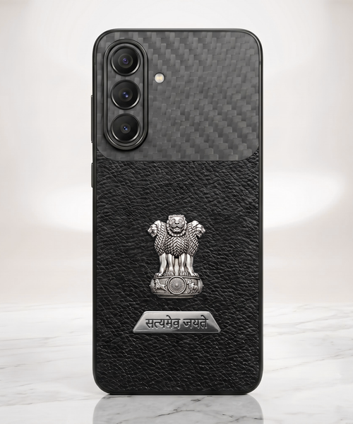 Samsung Galaxy A57 5G Satyamev Jayate 2-in-1 Emblem Carbon Fiber Leather Phone Case
