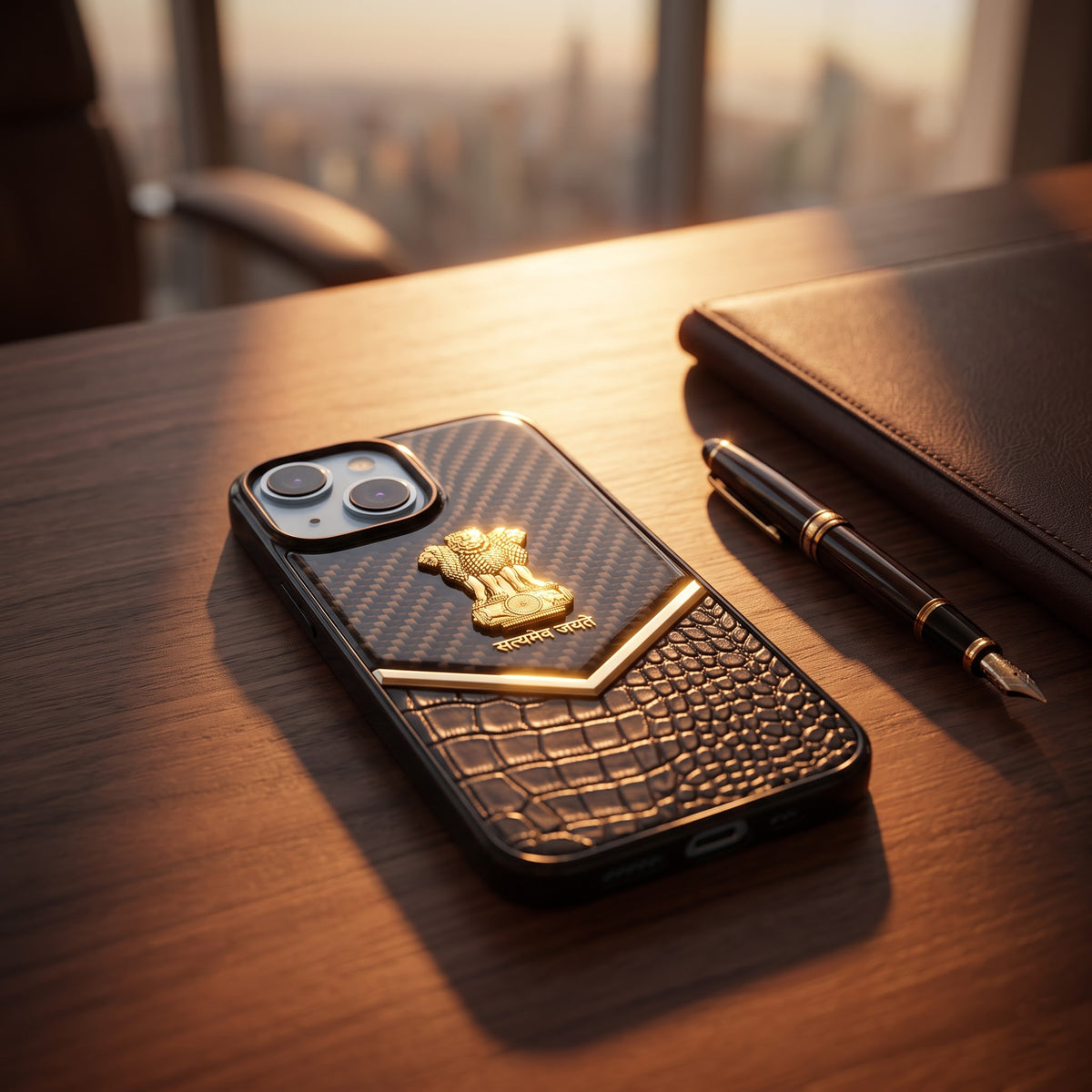 iPhone 15 Series Satyamev Jayate Gold Emblem Hybrid Leather Case