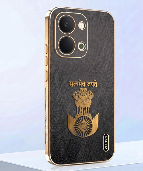Vivo T5x 5G Satyamev Jayate 3D Electroplated Frame Gold Thread Pattern Hard Back Case