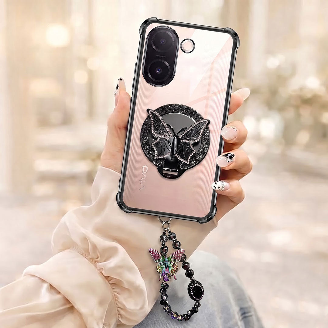 Vivo V60e 5G Transparent Airbag Butterfly Stand Case with Charm Strap
