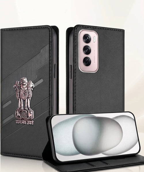 Oppo Reno 12 Pro 5G Satyamev Jayate 3D Emblem Magnetic Flip Wallet Case