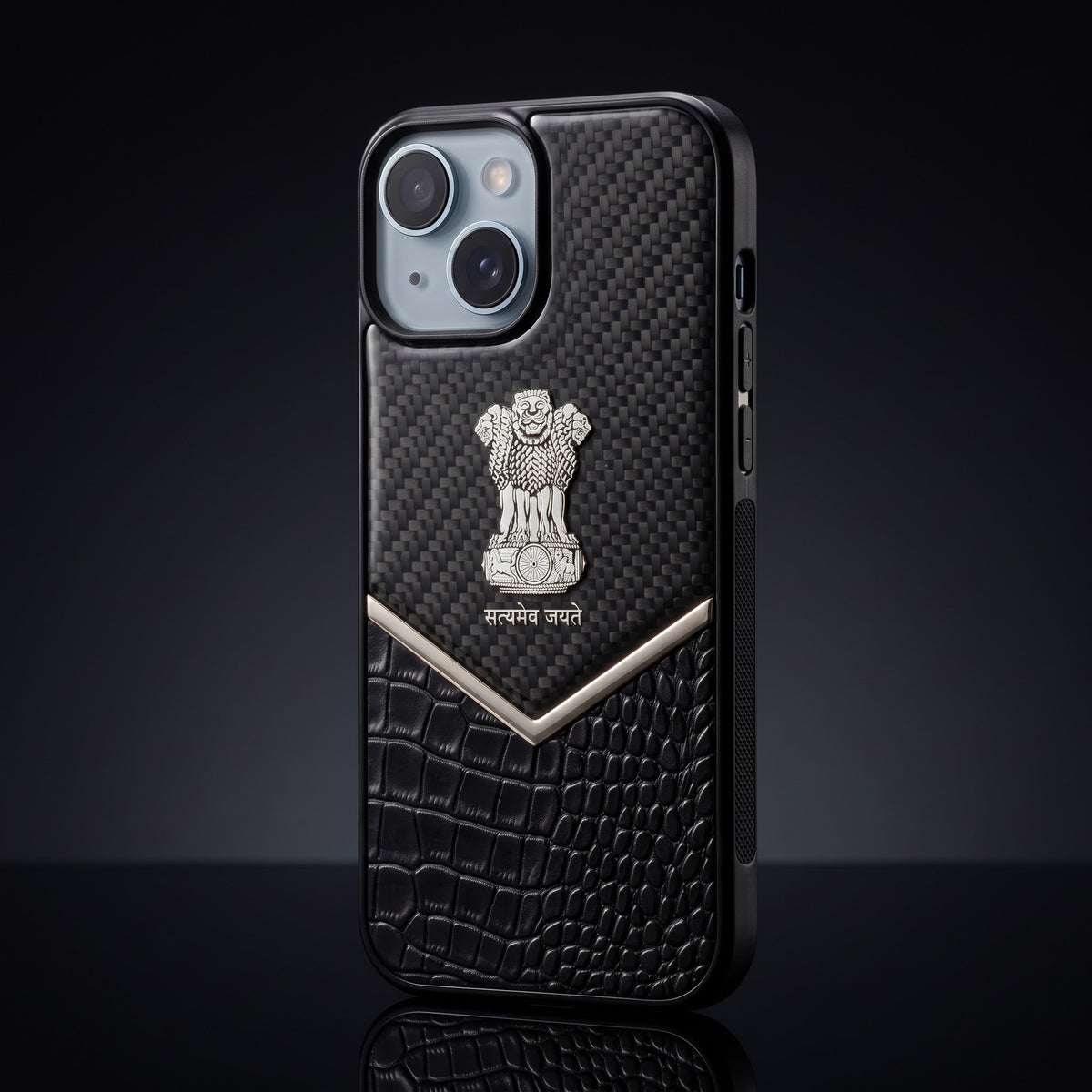 iPhone 15 Series Satyamev Jayate Gold Emblem Hybrid Leather Case
