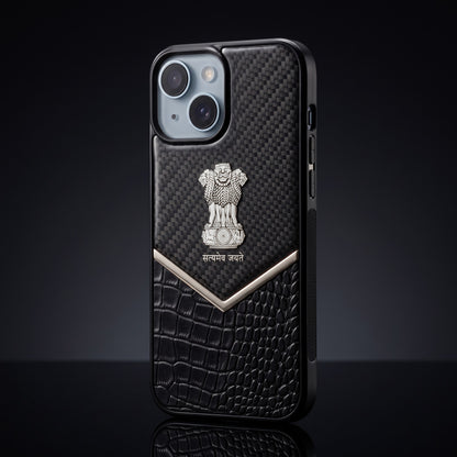 iPhone 15 Series Satyamev Jayate Gold Emblem Hybrid Leather Case