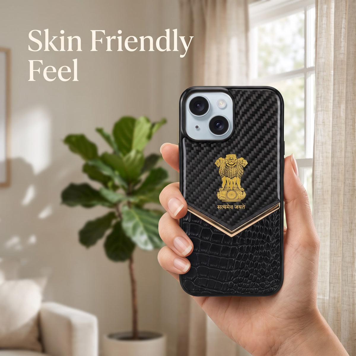 iPhone 15 Series Satyamev Jayate Gold Emblem Hybrid Leather Case