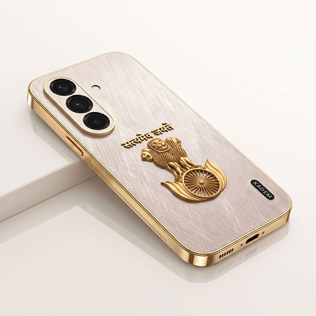 Samsung Galaxy A36 5G Satyamev Jayate 3D Electroplated Frame Gold Thread Pattern Hard Back Case