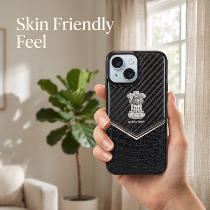 iPhone 15 Series Satyamev Jayate Gold Emblem Hybrid Leather Case