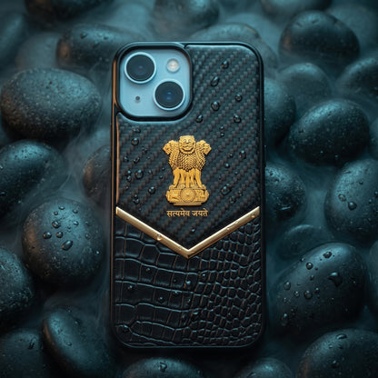 iPhone 15 Series Satyamev Jayate Gold Emblem Hybrid Leather Case