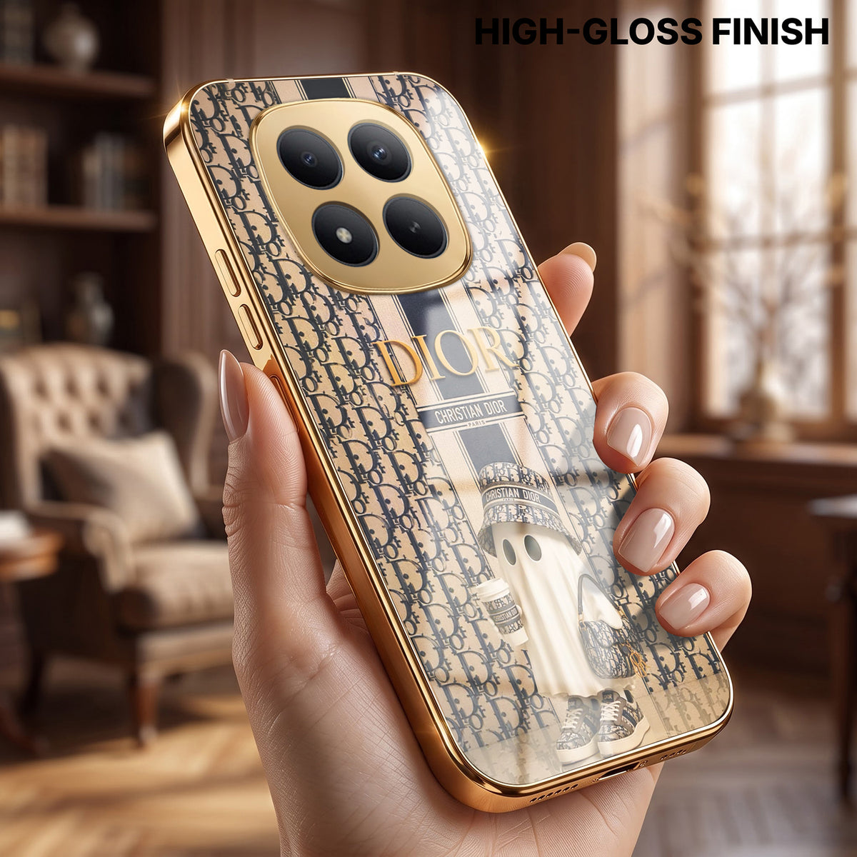 Redmi Note 15 Pro+ 5G Luxury Dior Gold Electroplated Glass Phone Back Case