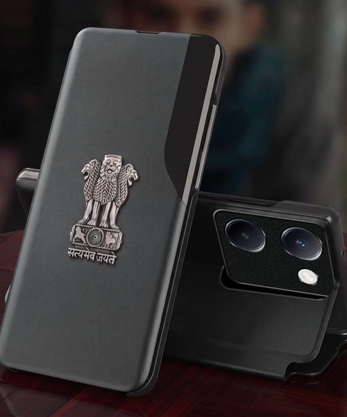 Vivo Y200 Pro 5G Metal Emblem Satyamev Jayate Half Window Leather Flip Case