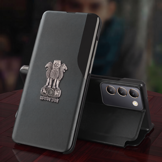 Vivo Y200e 5G Metal Emblem Satyamev Jayate Half Window Leather Flip Case