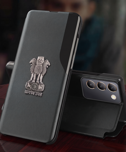 Vivo Y200e 5G Metal Emblem Satyamev Jayate Half Window Leather Flip Case