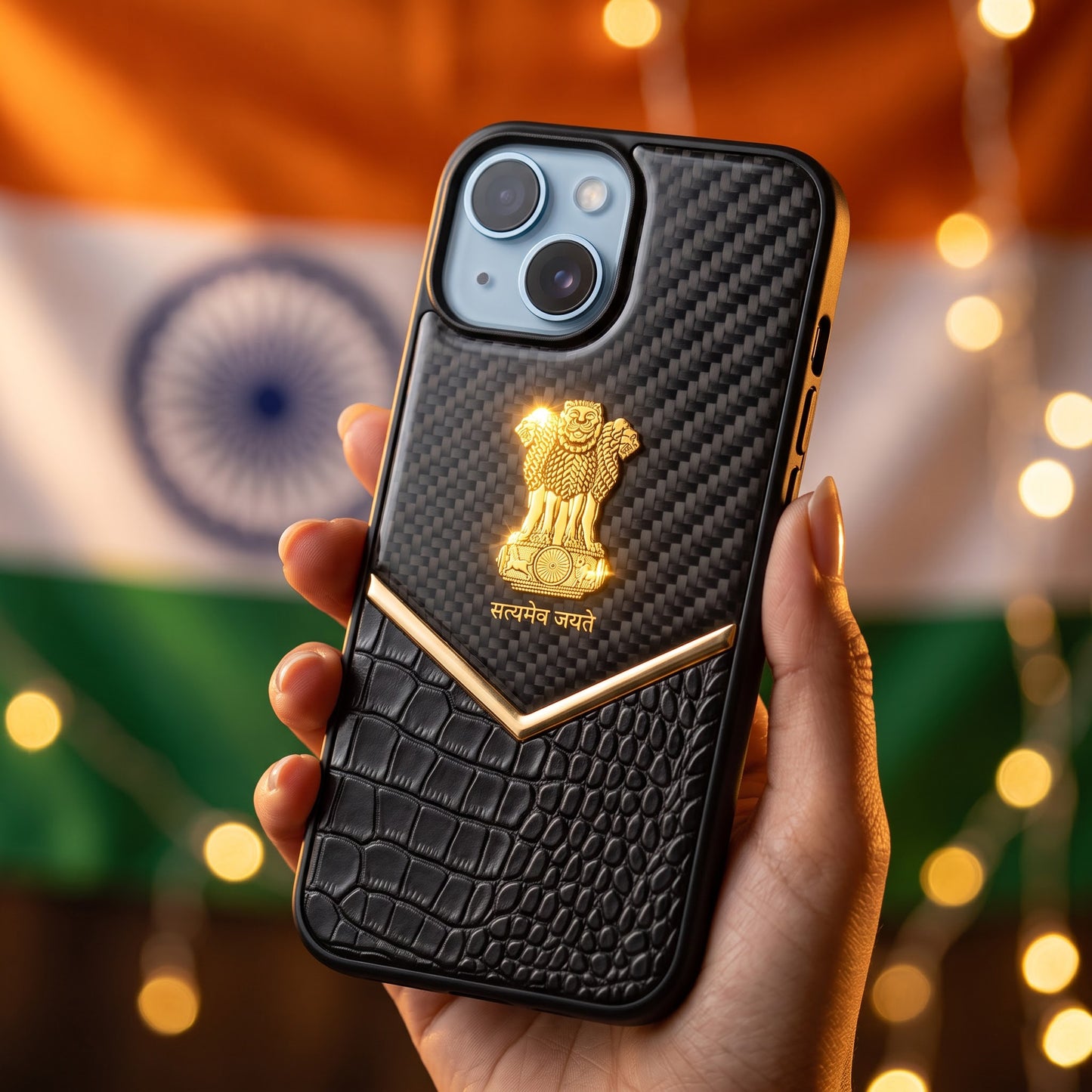 iPhone 15 Series Satyamev Jayate Gold Emblem Hybrid Leather Case