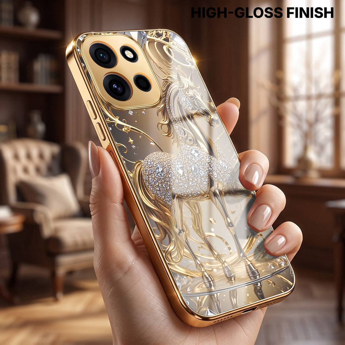 OnePlus Nord 6 5G Luxury Horse Texture Gold Electroplated Glass Phone Back Case
