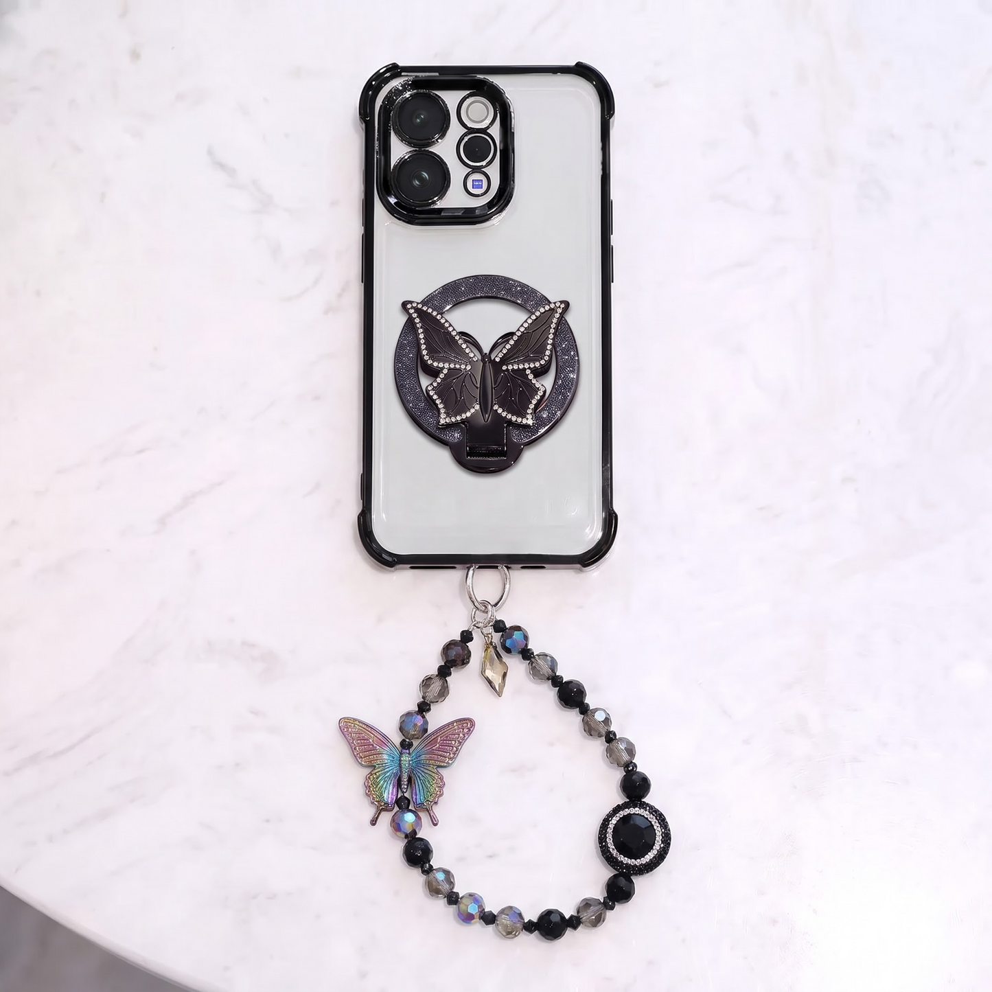 Vivo V70 5G Transparent Airbag Butterfly Stand Case with Charm Strap