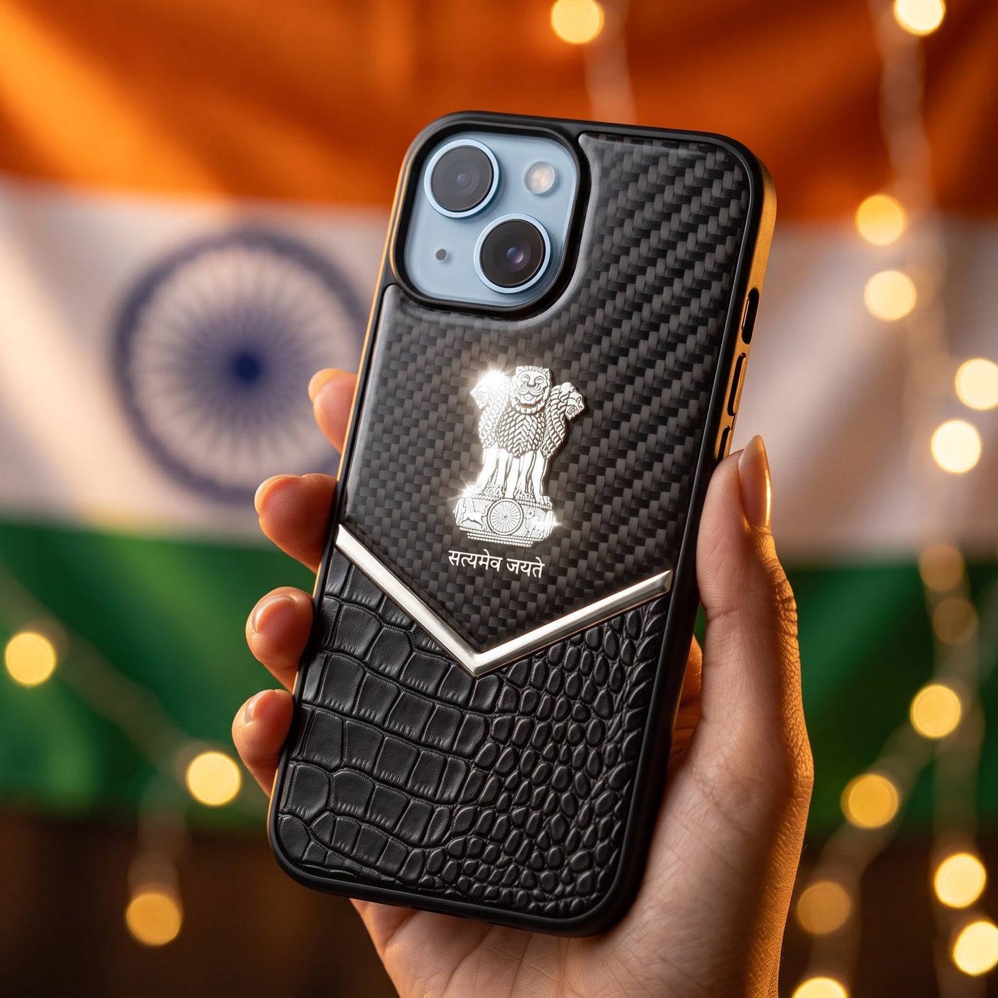 iPhone 15 Series Satyamev Jayate Gold Emblem Hybrid Leather Case