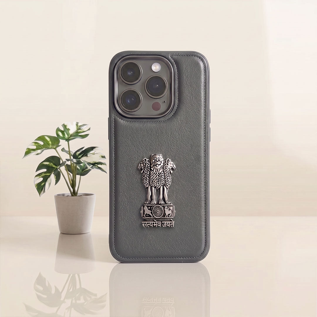 iPhone 15 Series 5G Skin Feel Leather Metal Satyamev Jayate Emblem Case