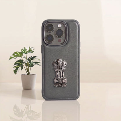 iPhone 15 Series 5G Skin Feel Leather Metal Satyamev Jayate Emblem Case