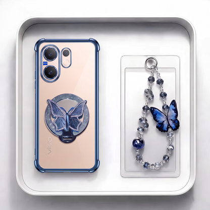 Vivo V60 5G Transparent Airbag Butterfly Stand Case with Charm Strap