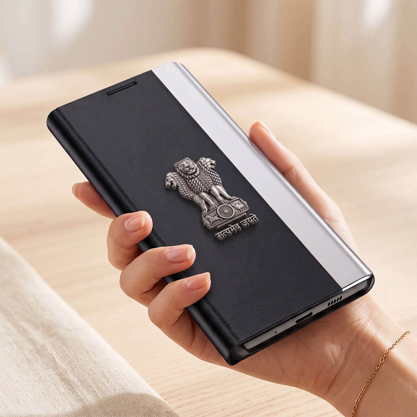 Vivo V70 FE 5G Satyamev Jayate Metal Emblems Flip Leather Case