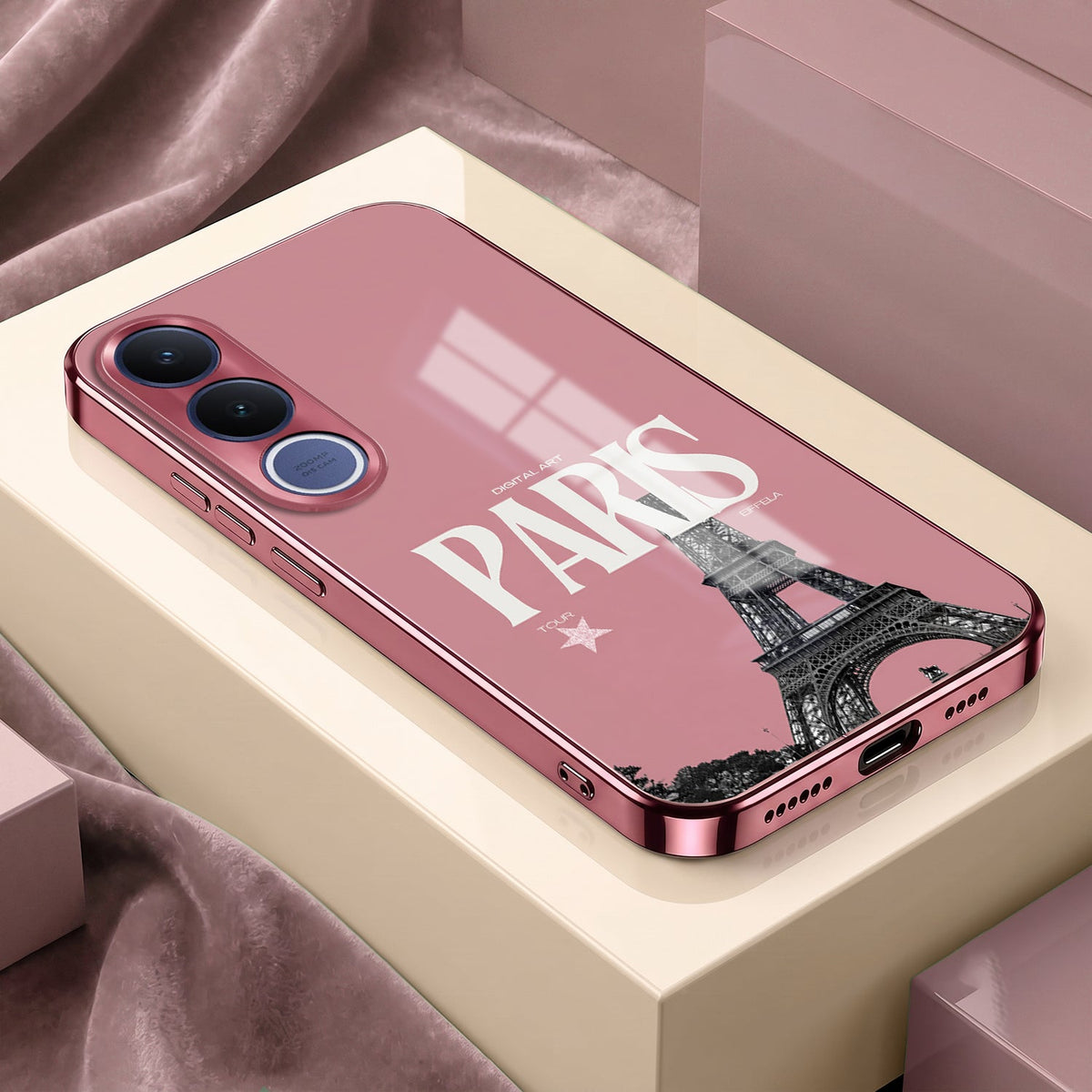 Vivo V70 FE 5G Luxury Paris Tower Pink Electroplated Glass Phone Back Case