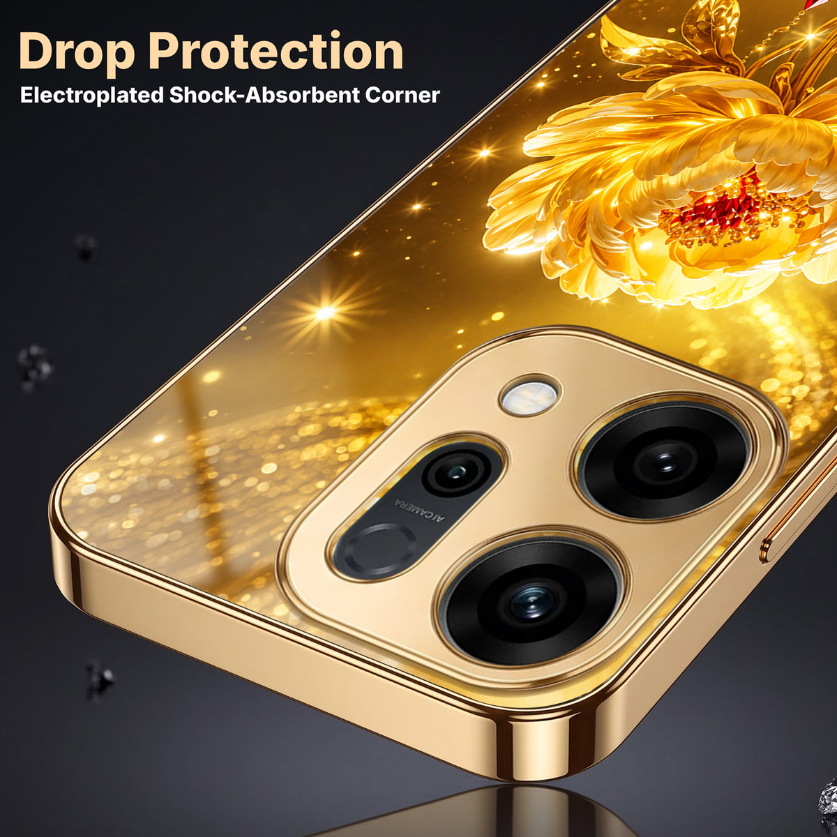 Oppo Reno 14 5G Golden Rose Elegance Gold Electroplated Glass Phone Back Case