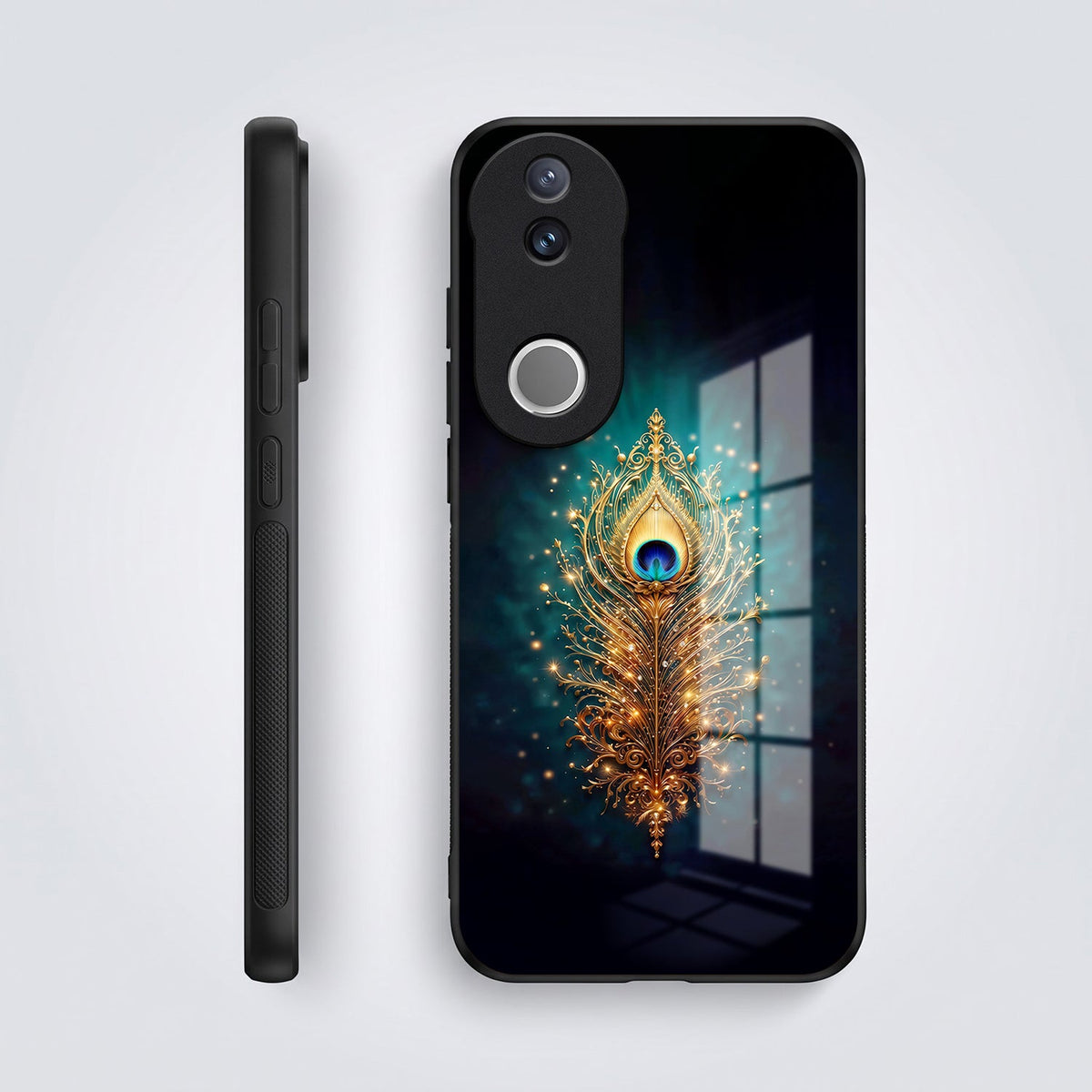 Vivo V50 5G Golden Peacock Feather Acrylic Glass Back Case