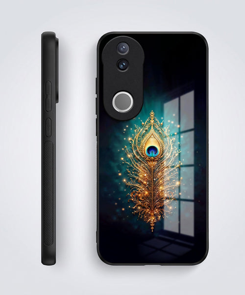 Vivo V50 5G Golden Peacock Feather Acrylic Glass Back Case