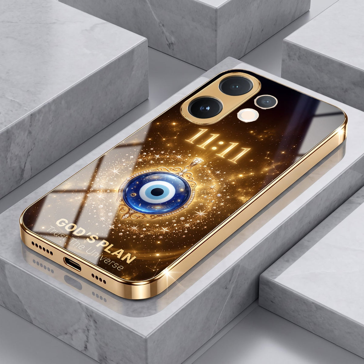 Vivo V60 5G God’s Plan Evil Eye Gold Electroplated Glass Phone Back Case