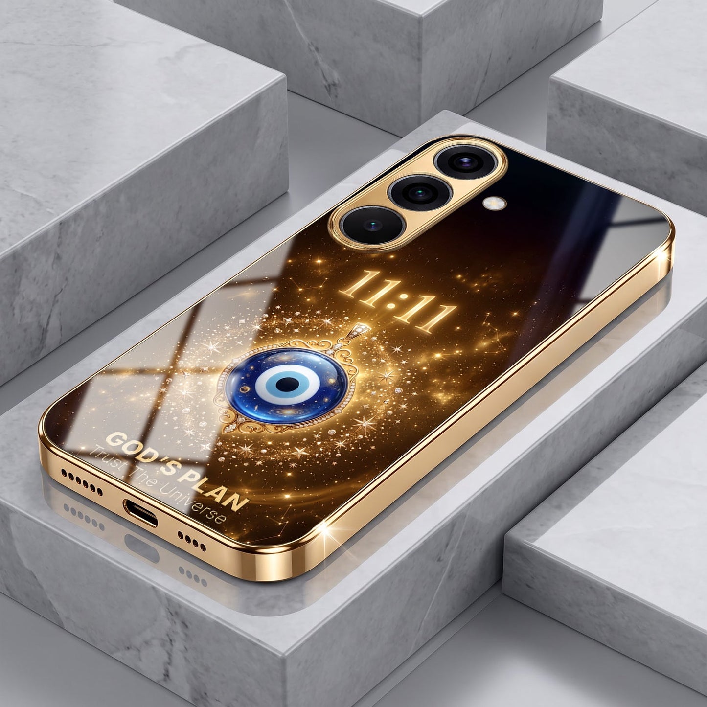 Samsung Galaxy A56 5G God’s Plan Evil Eye Gold Electroplated Glass Phone Back Case