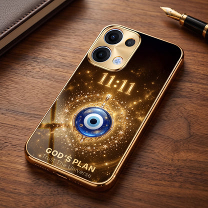 Oppo Reno 13 5G God’s Plan Evil Eye Gold Electroplated Glass Phone Back Case