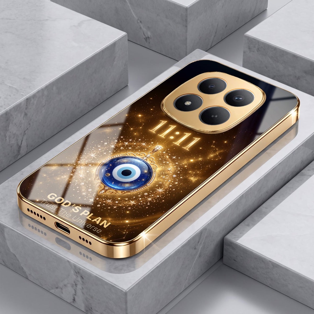 Redmi Note 15 Pro Plus 5G God’s Plan Evil Eye Gold Electroplated Glass Phone Back Case