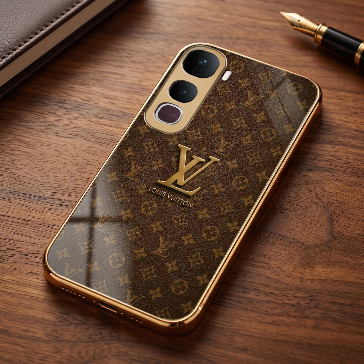 Vivo Y400 Pro 5G LV Brown Monogram Gold Electroplated Glass Phone Back Case