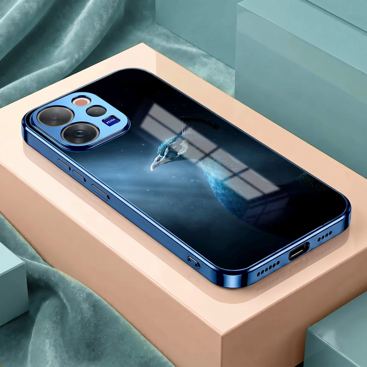 Vivo V70 5G Royal Peacock Blue Electroplated Glass Phone Back Case