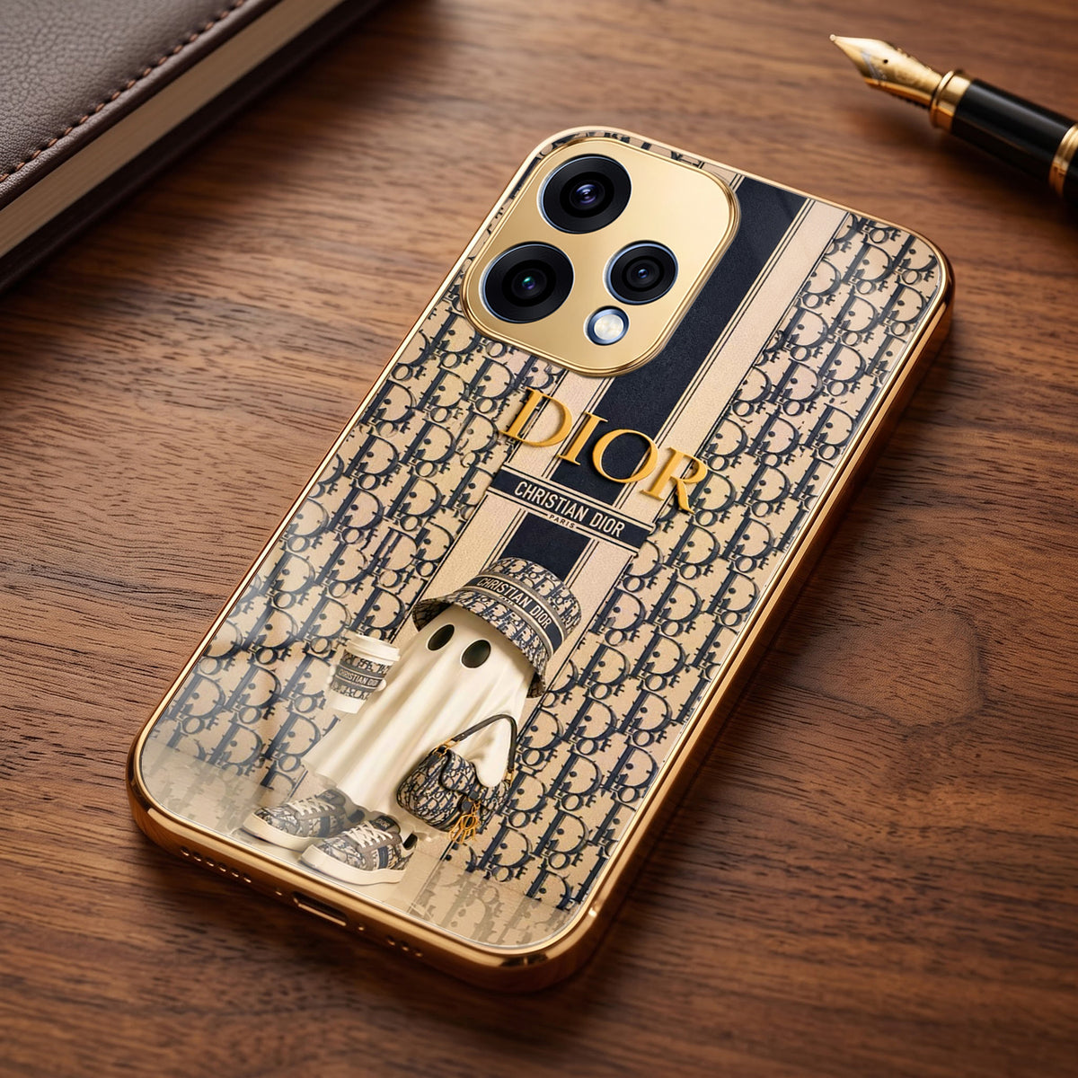 Oppo Reno 15 5G Luxury Dior Gold Electroplated Glass Phone Back Case