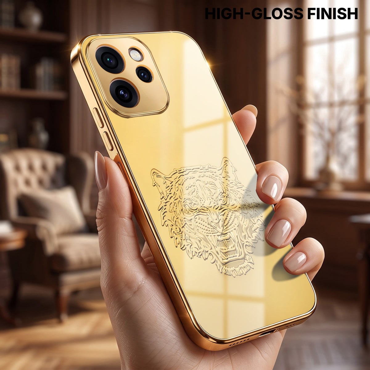 Oppo Reno 15 Pro Mini 5G Golden Tiger Face Gold Electroplated Glass Phone Back Case