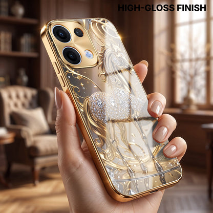 Oppo Reno 13 5G Luxury Horse Texture Gold Electroplated Glass Phone Back Case