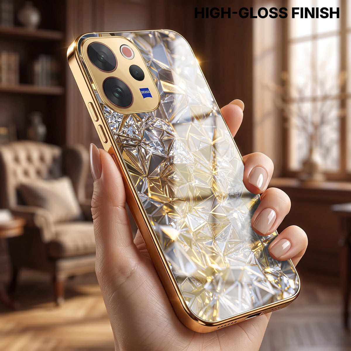 Vivo V70 5G White Diamond Shatter Gold Electroplated Glass Phone Back Case
