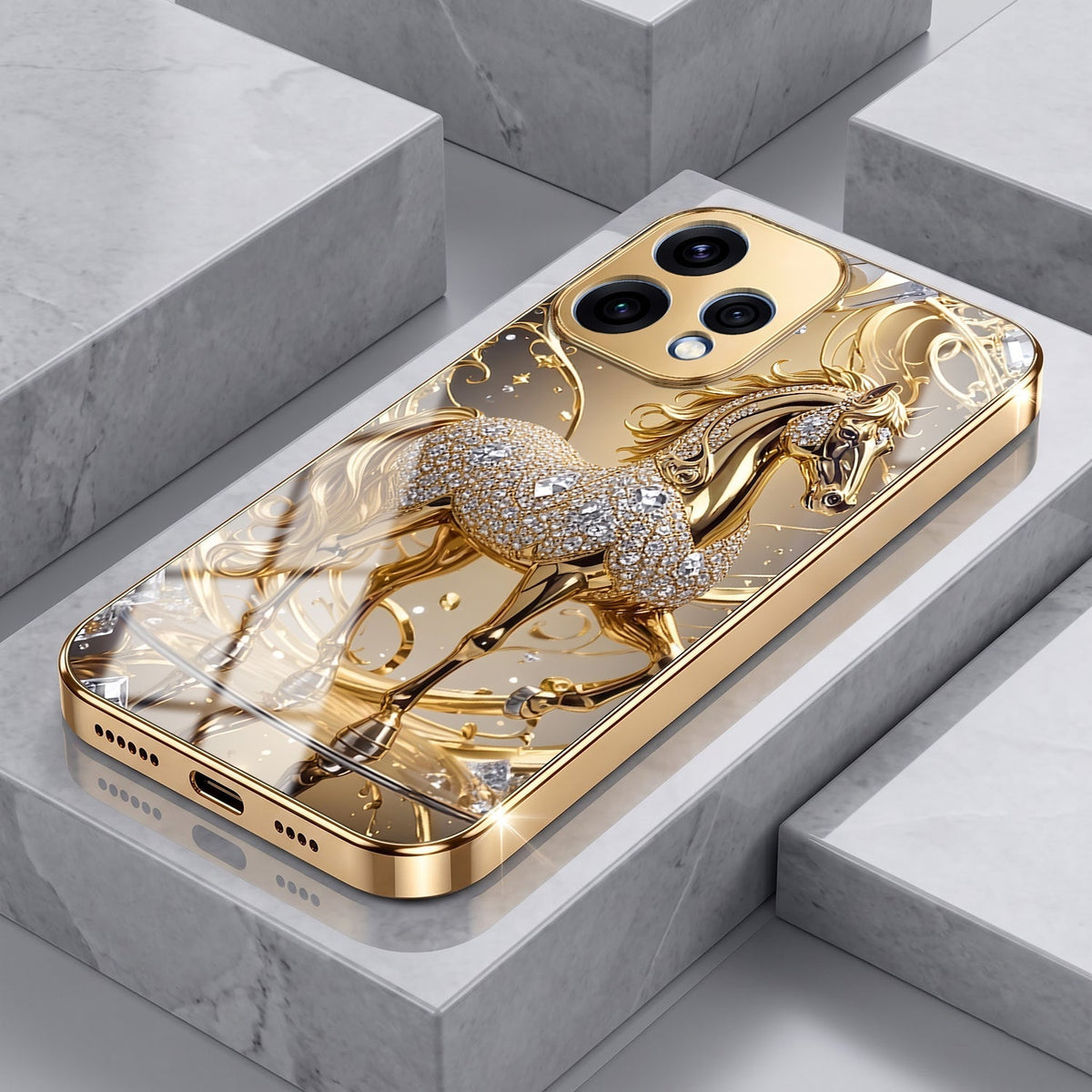 Oppo Reno 15 5G Luxury Horse Texture Gold Electroplated Glass Phone Back Case